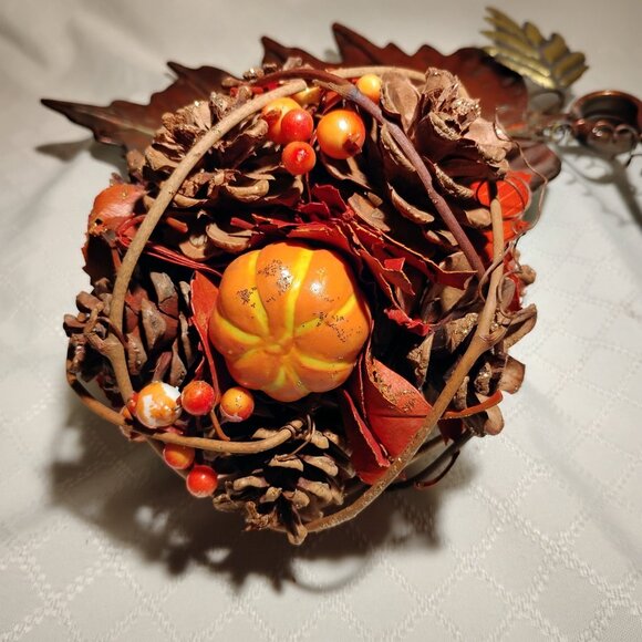 Lot of 2 Fall Items - Footed Metal Leaf Tray & Round Pine Cone Ball - Picture 6 of 8